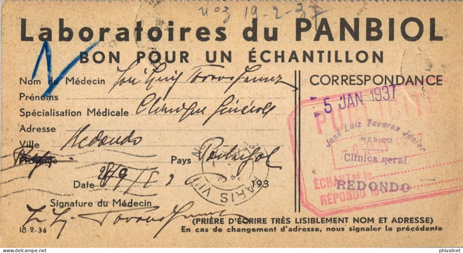 1937 PORTUGAL , REDONDO / PARIS , TARJETA POSTAL " BON POUR UN ÉCHANTILLON " , MEDICINA , LABORATORIO - Lettres & Documents