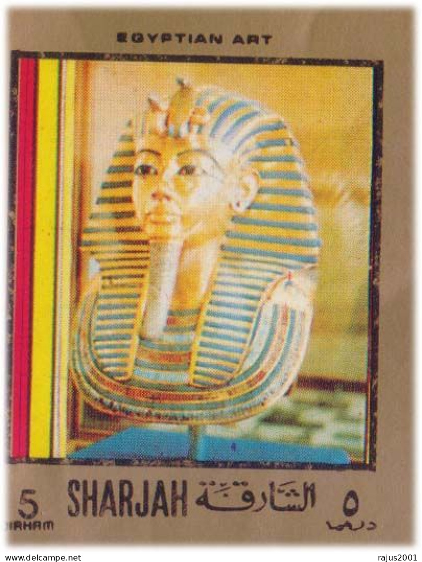 Tutankhamun, Tutankhamen, Pharaoh Egyptian Art, Mosque, Pyramid Of Giza Egyptology Sharjah 12 Stamp On Card As Per Image - Egiptología