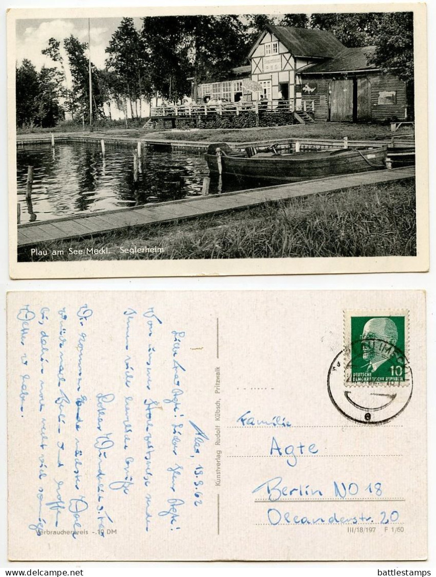 Germany, DDR 1962 Postcard Plau Am See/Meckl. - Seglerheim; 10pf. Chairman Walter Ulbricht Stamp - Plau