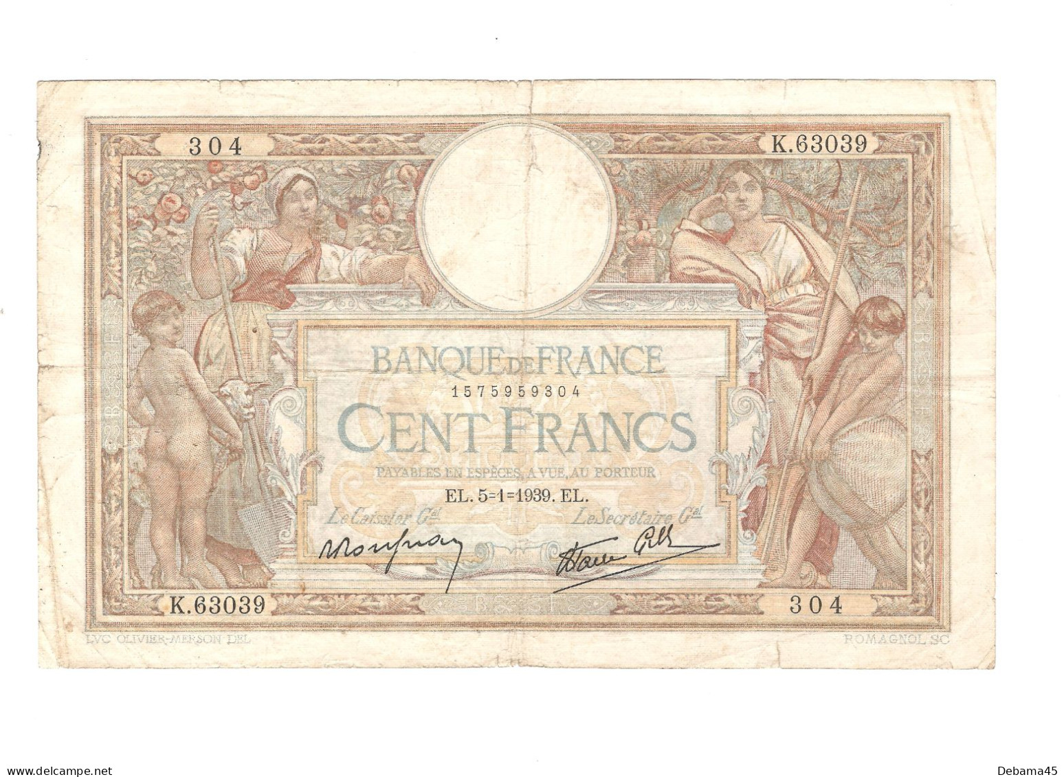 ALB/ France : 100 Francs MERSON - 05/01/1939 - Trous D'épingle, 2 Déchirures Sur Le Pourtour - 100 F 1908-1939 ''Luc Olivier Merson''