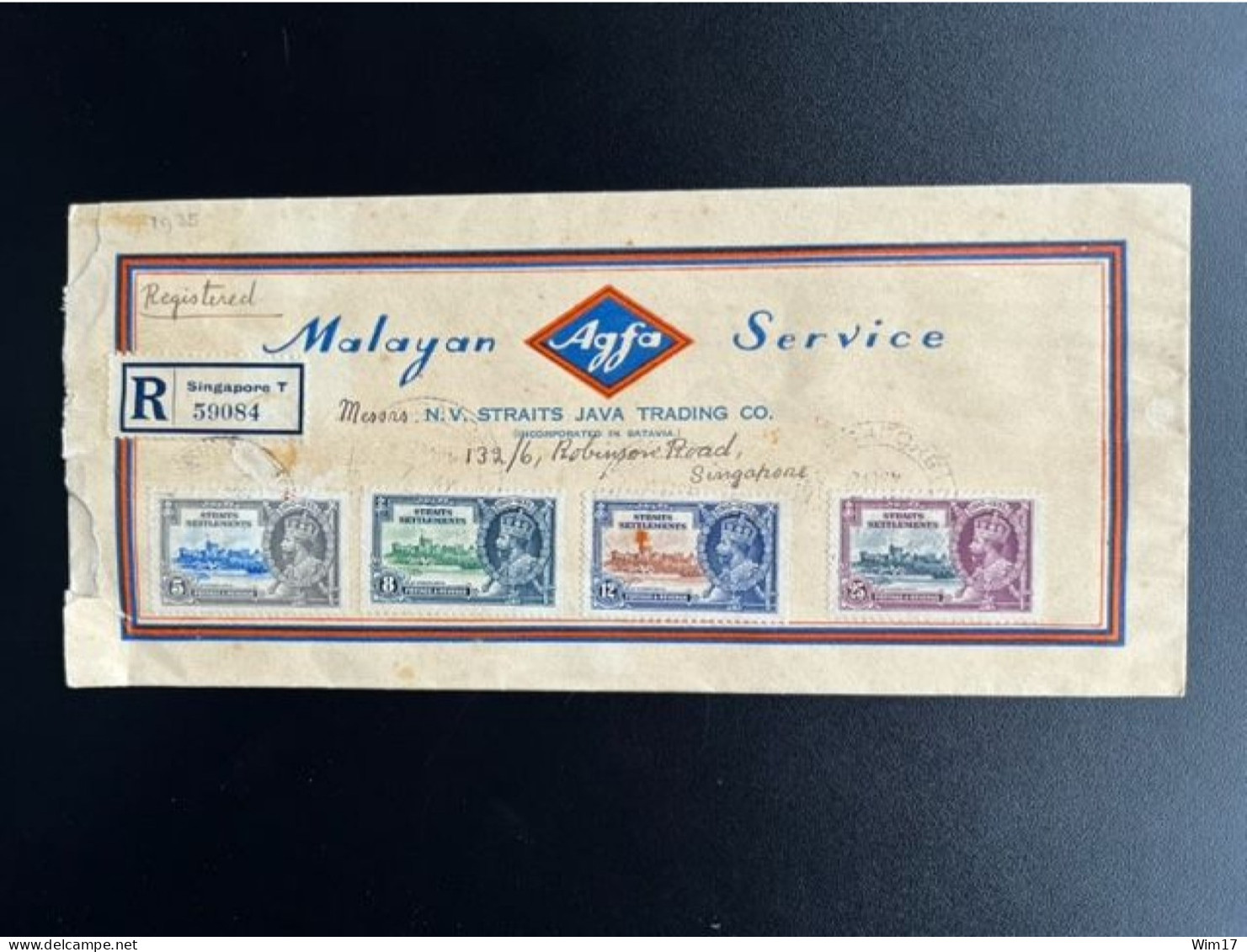 SINGAPORE 1936 REGISTERED LETTER MALAYAN AGFA SERVICE TO NV STRAITS JAVA TRADING CO 07-05-1936 - Singapour (...-1959)