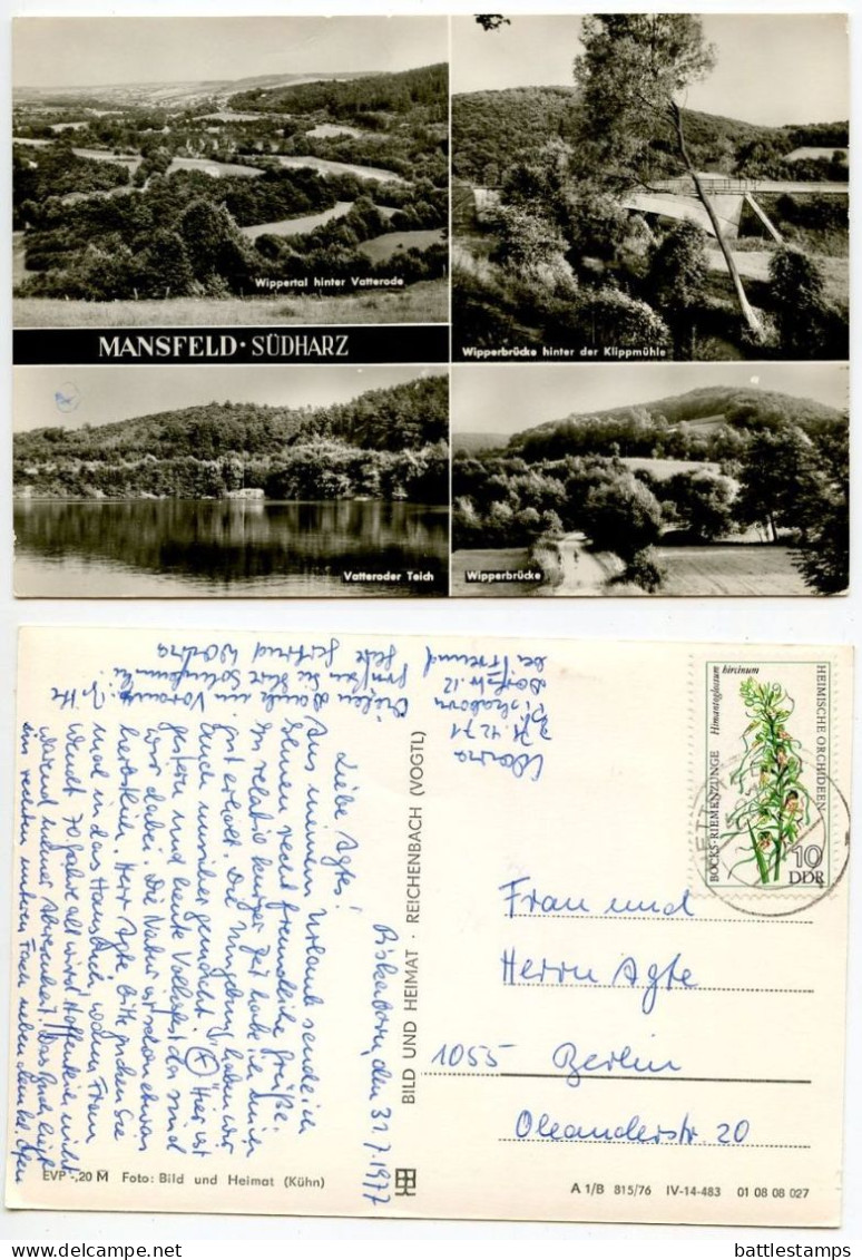 Germany, DDR 1977 RPPC Postcard Mansfeld - Südharz - Multiple Views; 10pf. Orchid Flowers Stamp; Hettstedt Postmark - Mansfeld