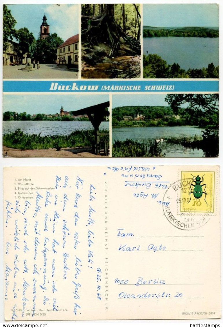 Germany, DDR 1968 Postcard Buckow (Markische Schweiz) - Multiple Views; 10pf. Tiger Beetle Stamp - Buckow