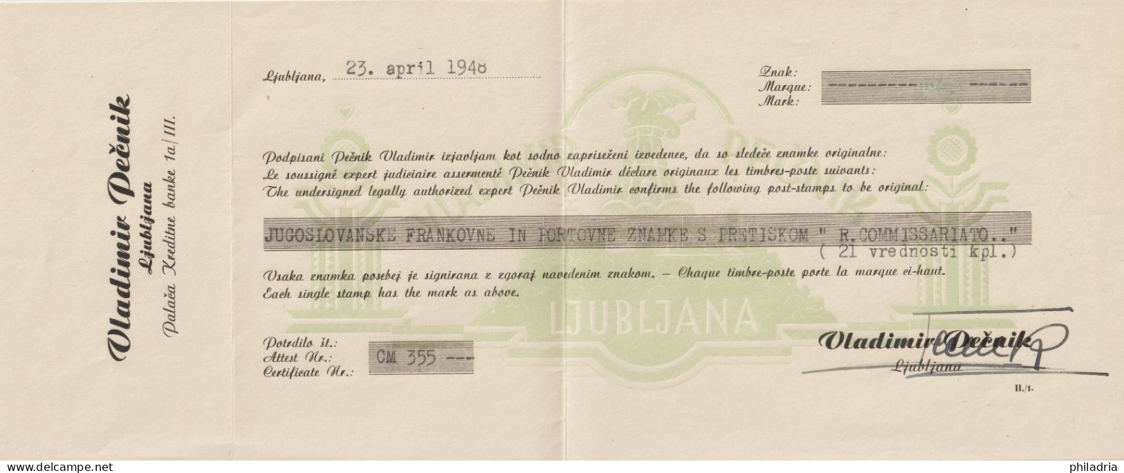 Ljubljana Lubiana, 1941, Italian Occupation, Definitives + Postage Due, Overprint "R. Comm.", MNH, Certificate Pečnik - Lubiana