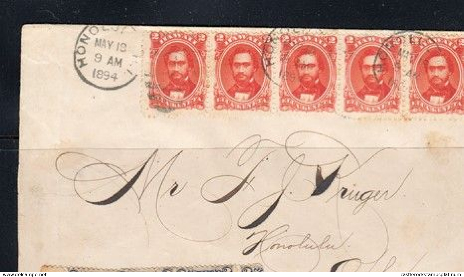 O) 1894 HAWAII,  HONOLULU, KING KAMEHAMEHA IV, SCT 31 2c Rose Vermilion, STRIP. CIRCULATED COVER - Hawaï