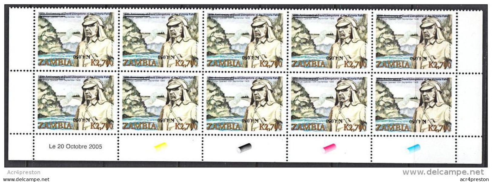 Y0010 ZAMBIA 2009, SG1061a, K4,050 INVERTED Surcharge On K2,700 Livingstone MNH Block Of 10 - Zambia (1965-...)