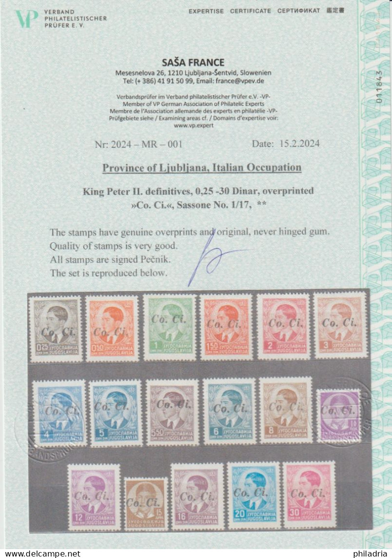 Ljubljana Lubiana, 1941, Italian Occupation, Definitives, Overprint "Co. Ci.", MNH, Certificate France VP - Ljubljana
