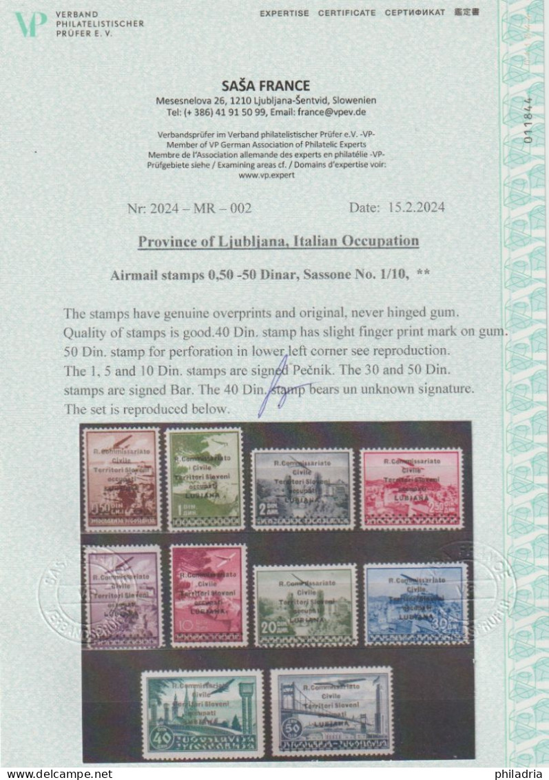 Ljubljana Lubiana, 1941, Italian Occupation, Airmail, Overprint "R. Comm.", MNH, Certificate France VP - Lubiana