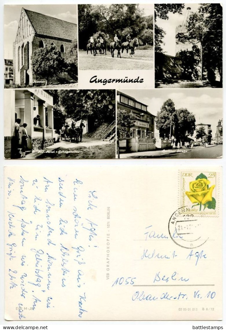 Germany, DDR 1970's RPPC Postcard Angermünde - Multiple Views; 25pf. Yellow Rose Stamp - Angermuende