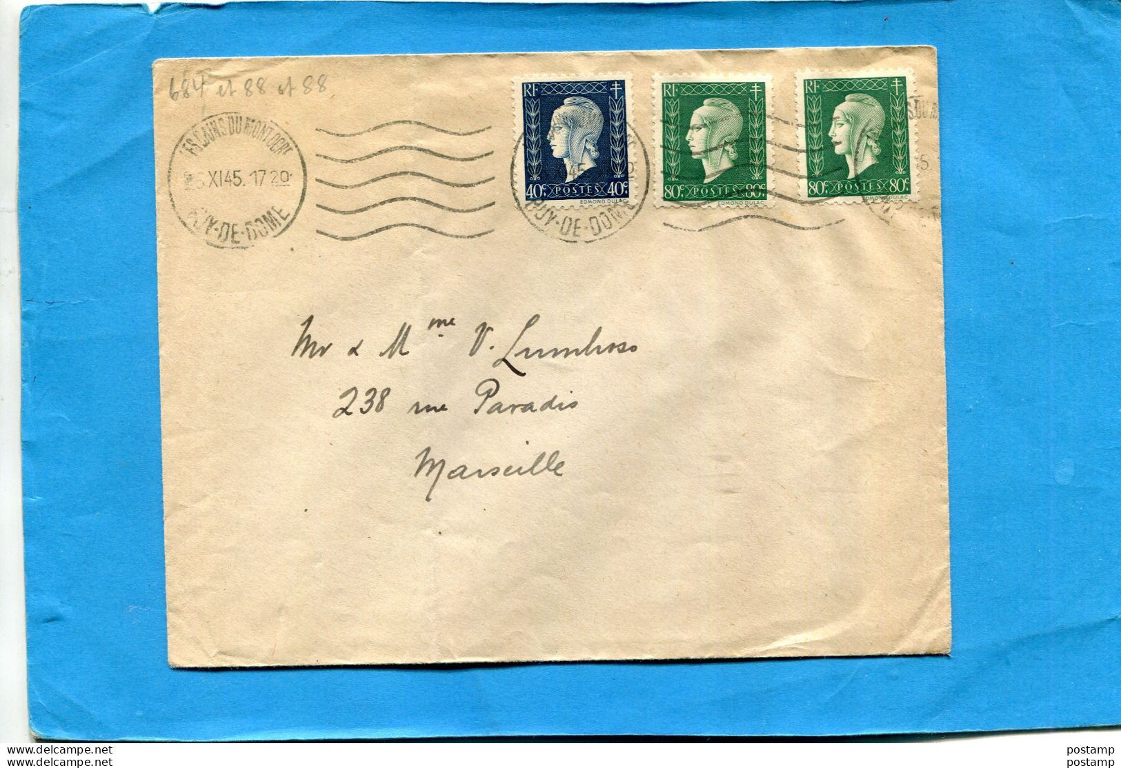 SUPERBE Lettre  - Cad 25 Nov -le Mont D'ore1945  3   Timbres Marianne De Dulac-N° 684+688 - 1944-45 Marianne Of Dulac