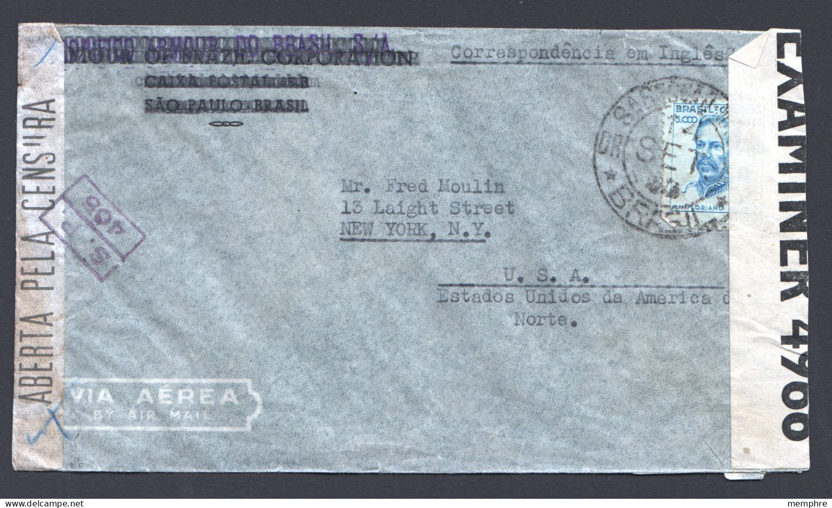 1944 Air Letter To USA Double Censorship: Brazil And British At Trinidad - Covers & Documents