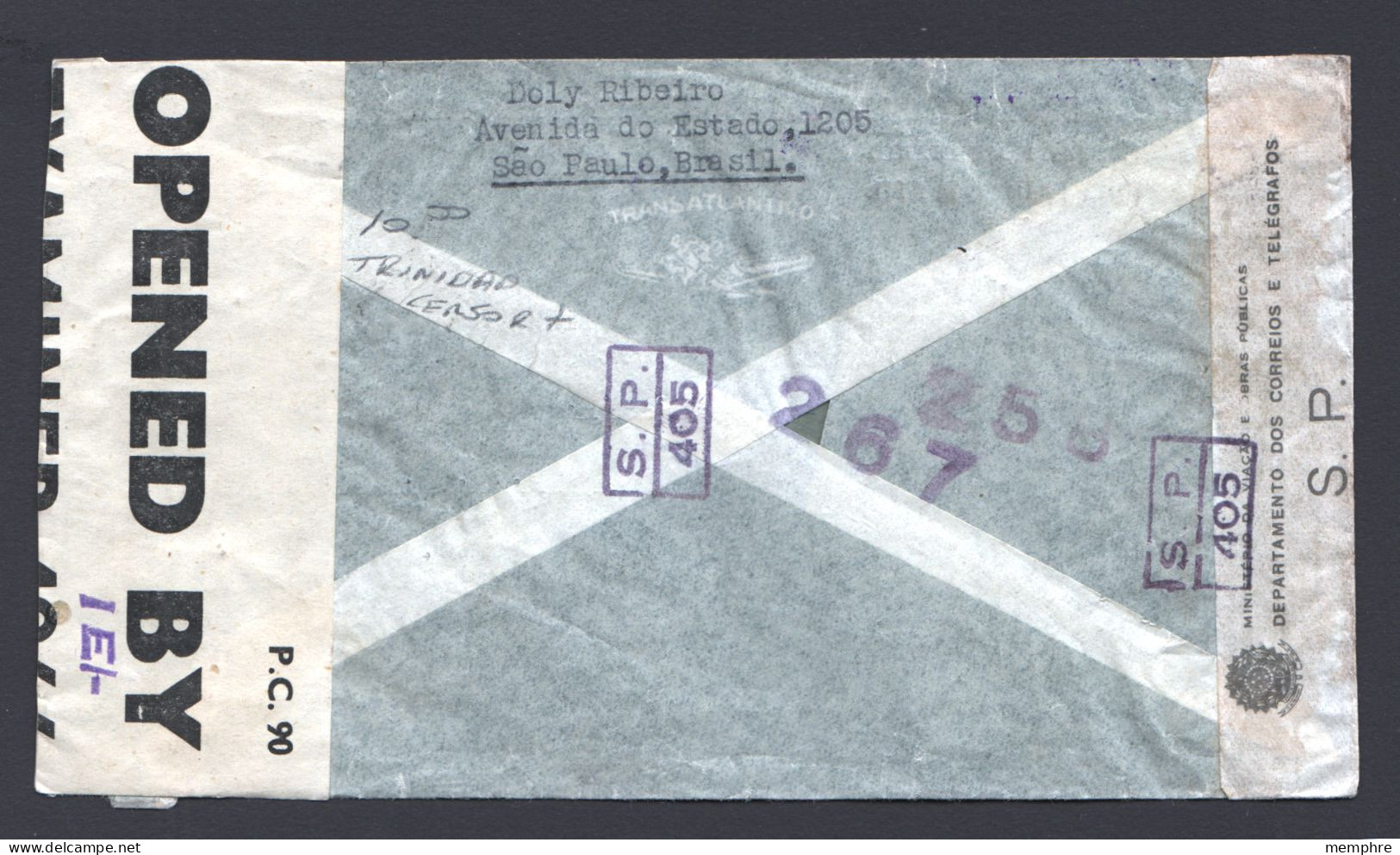 1944 Air Letter To USA Double Censorship: Brazil And British At Trinidad - Brieven En Documenten