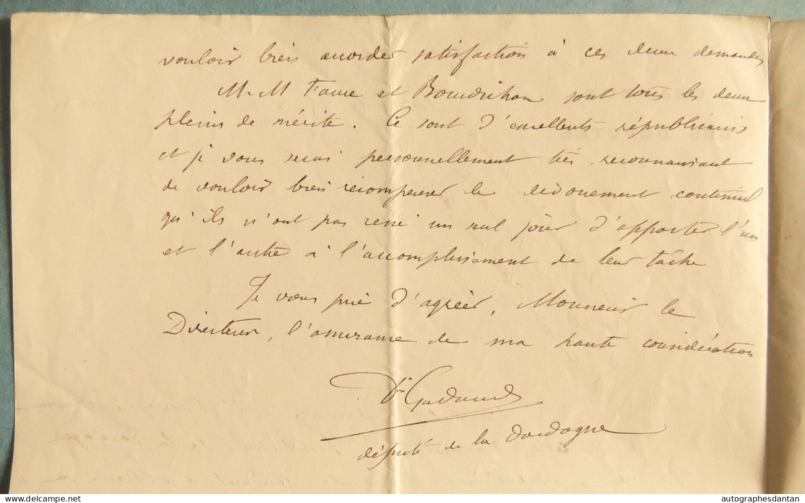 ● L.A.S 1888 Antoine GADAUD Médecin Député Dordogne Né Saint-Mayme-de-Péreyrol Buisson Faure Boudichon Lettre Autographe - Politisch Und Militärisch