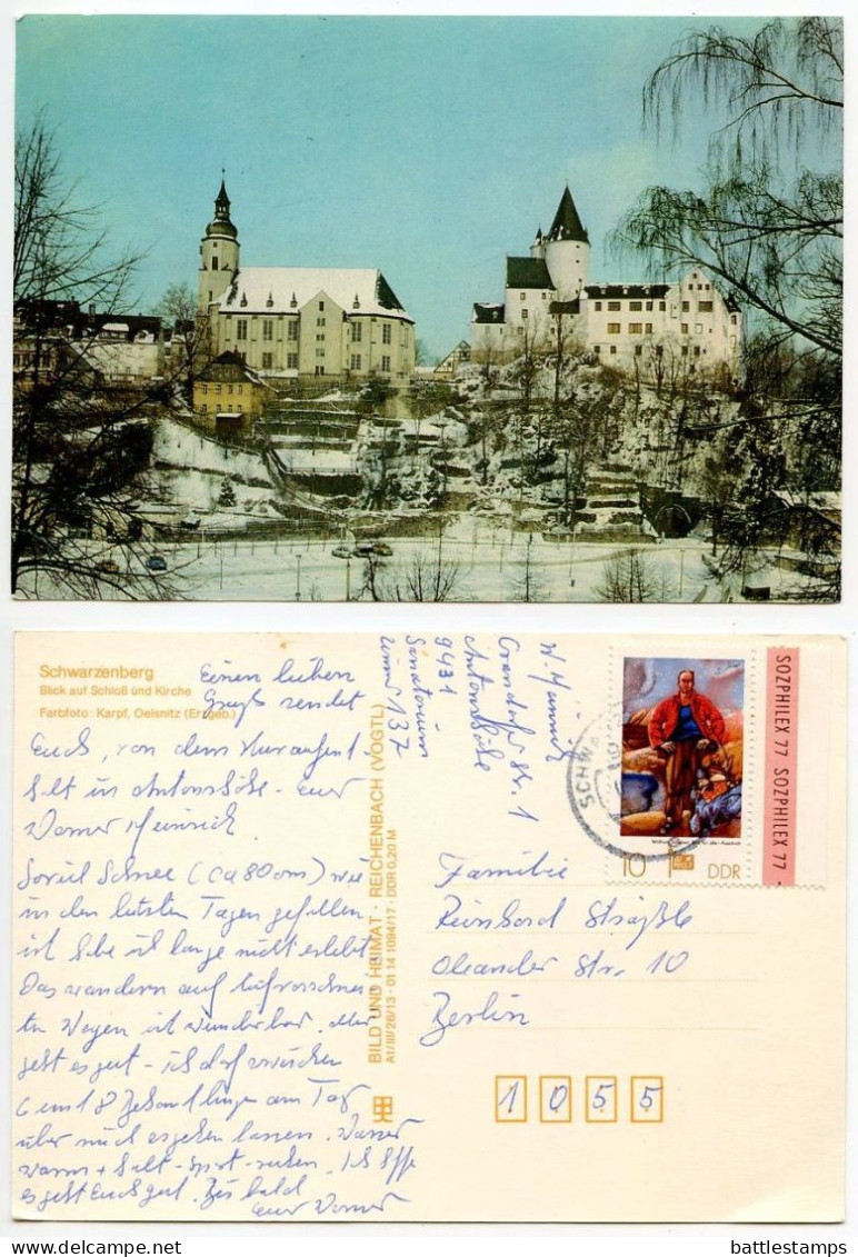 Germany, DDR 1980's Postcard Schwarzenberg - Castle & Church; 10pf Bread For All Art Painting & SOZPHILEX 77 Stamp - Schwarzenberg (Erzgeb.)