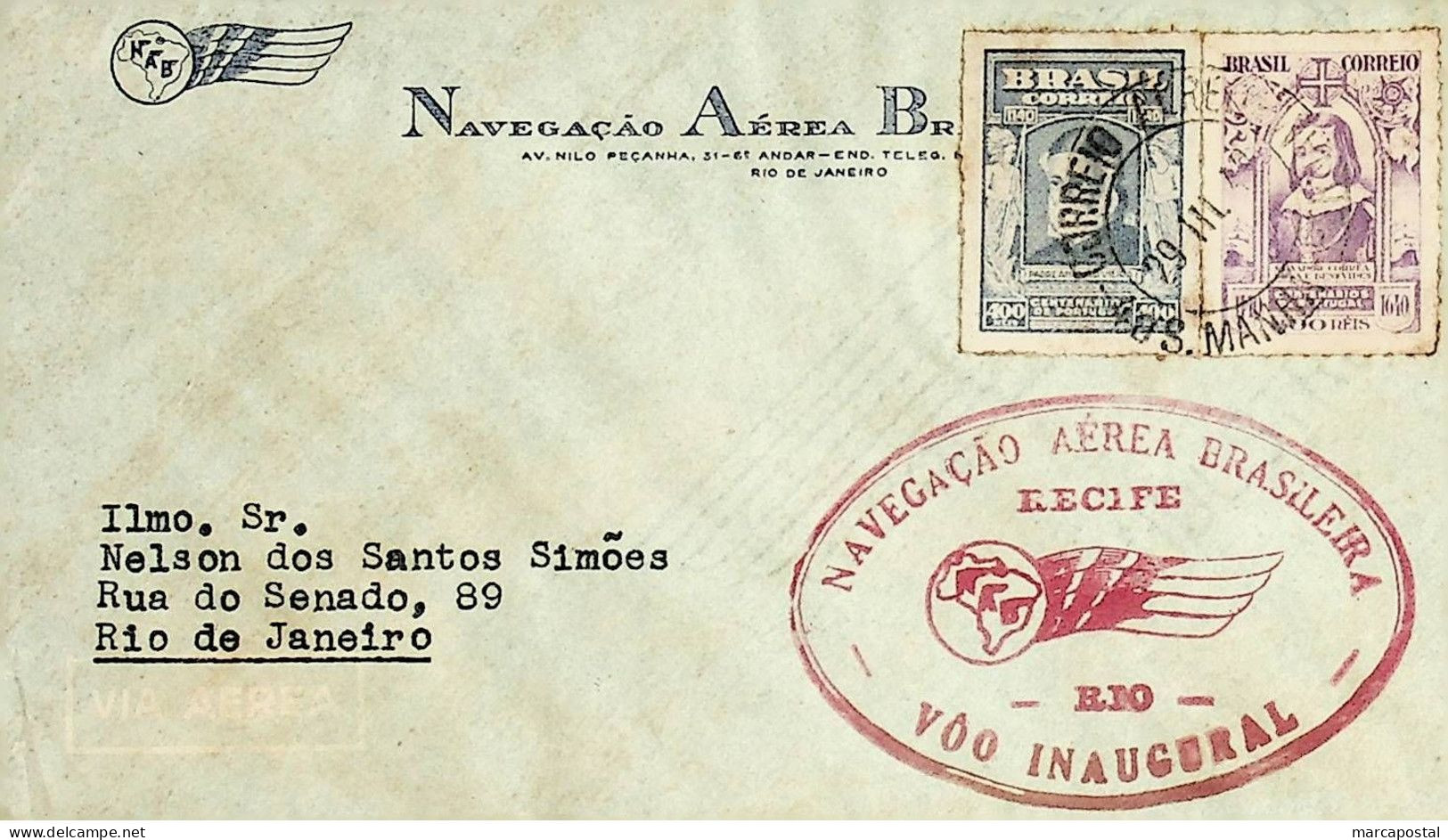 1942 Brasil / Brazil NAB 1.º Voo / First Flight  Recife - Rio De Janeiro - Aéreo