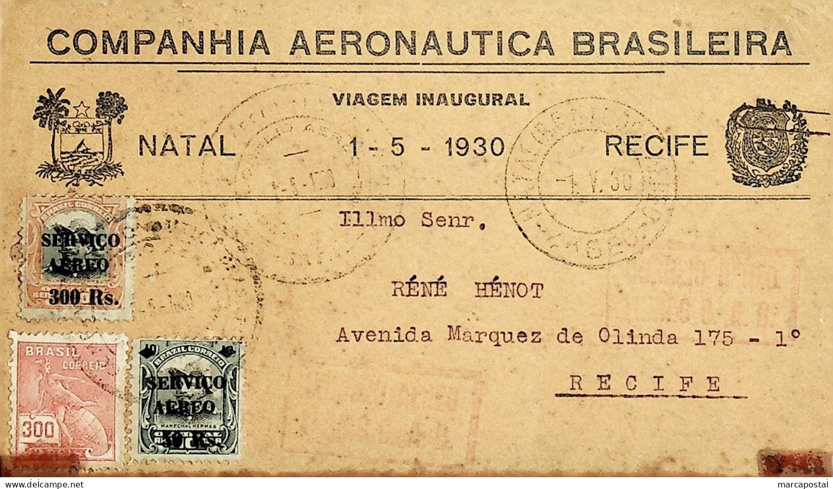 1930 Brasil / Brazil CAB 1.º Voo / First Flight Natal - Recife - Poste Aérienne