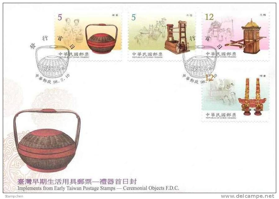 FDC Taiwan 2009 Early Taiwan Ceremonial Objects Stamps Chair Bamboo Basket Candle Stick Temple - FDC