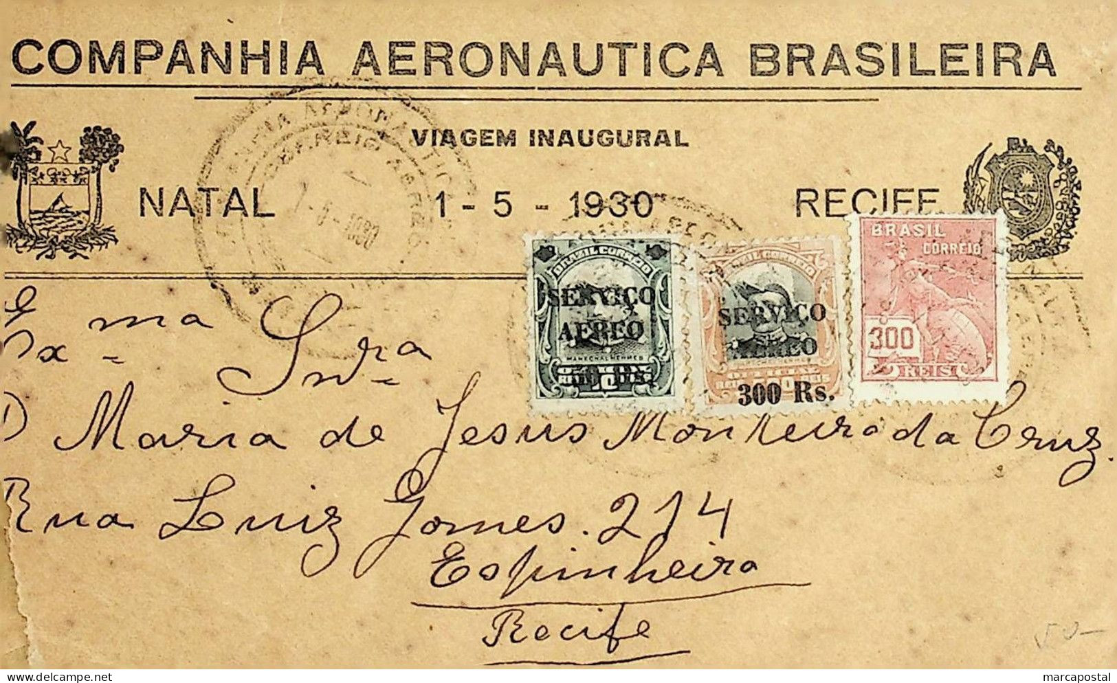 1930 Brasil / Brazil CAB 1.º Voo / First Flight Natal - Recife - Airmail