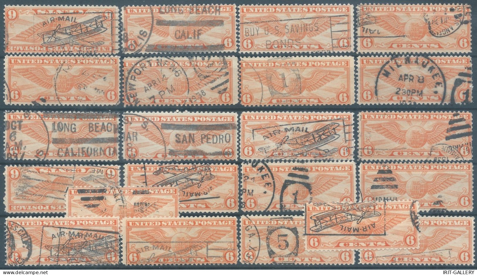 United States,U.S.A,1938 United States Postage,Air-Mail 6Cents, Lot Of 22 Stamps With Several Cancellations, - 1a. 1918-1940 Oblitérés