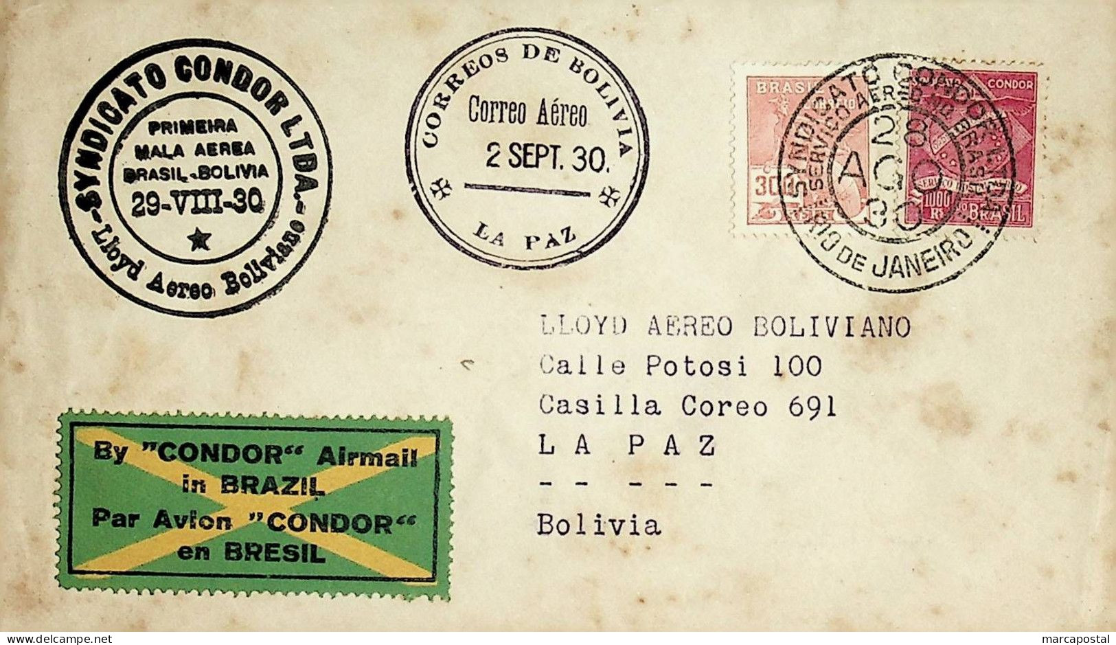 1930 Brasil / Brazil Condor (SC) 1.º Voo - First Flight Rio De Janeiro - La Paz - Airmail