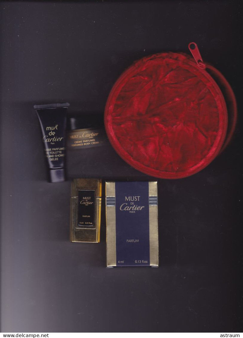 Kit Complet Dans Sac En Velour Miniature Vintage Parfum - Cartier - Must 4ml & Mousse Et Creme Parfumées 10ml , 7ml - Miniatures Womens' Fragrances (in Box)