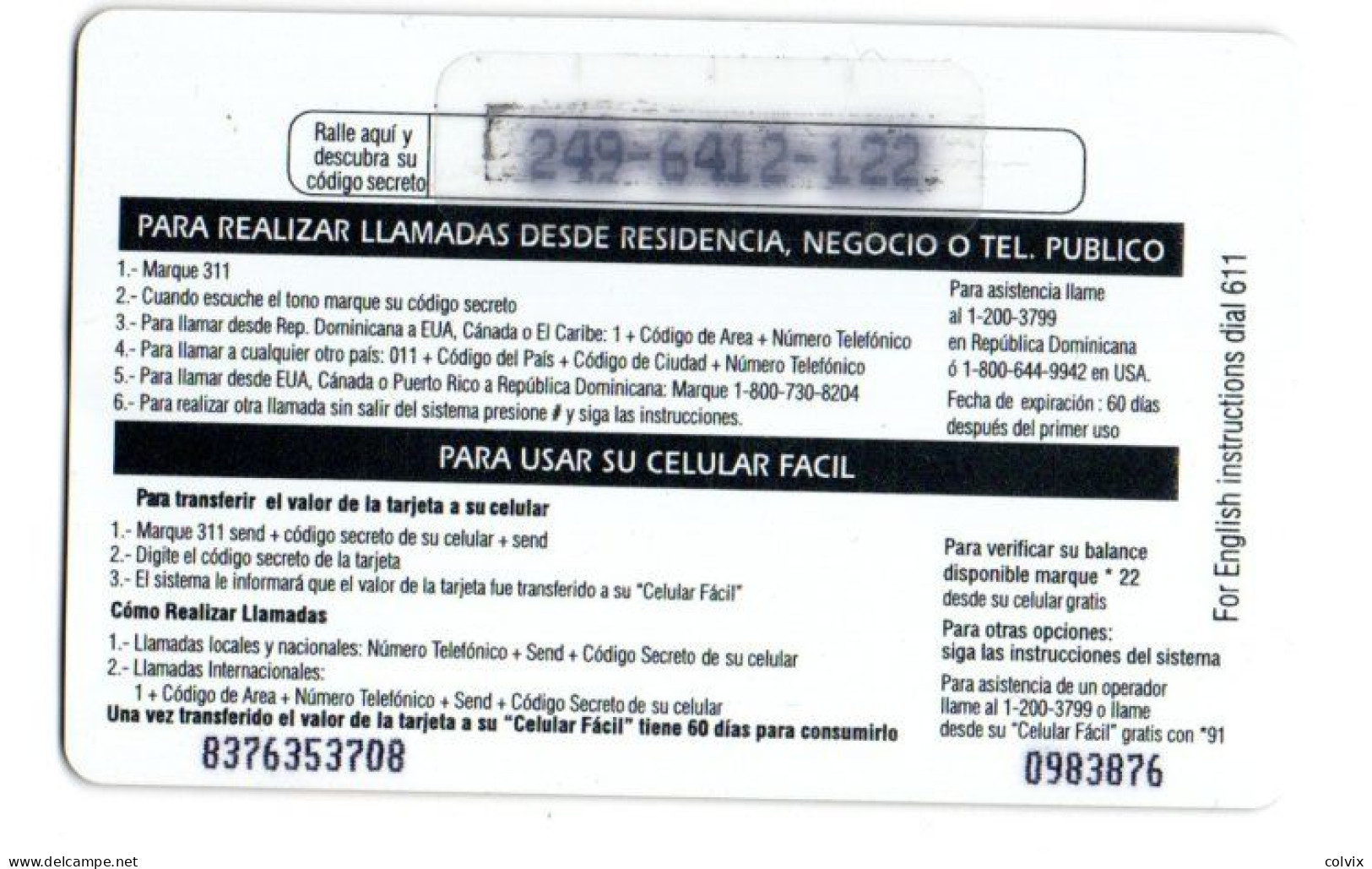 REPUBLIQUE DOMINICAINE CARAIBES PREPAYEE 145$ COMMUNICARD CODETEL - Dominicana