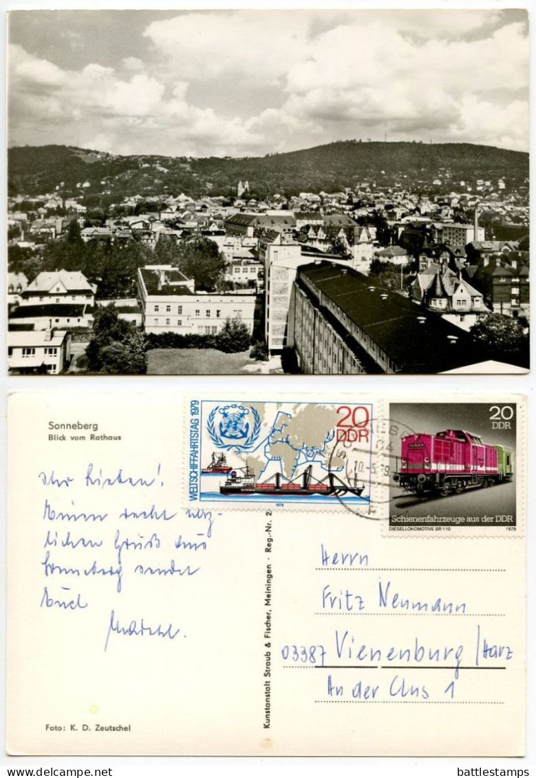 Germany, DDR 1979 RPPC Postcard Sonneberg - Panoramic View; 20pf. Diesel Locomotive & 20pf. World Navigation Day Stamps - Sonneberg