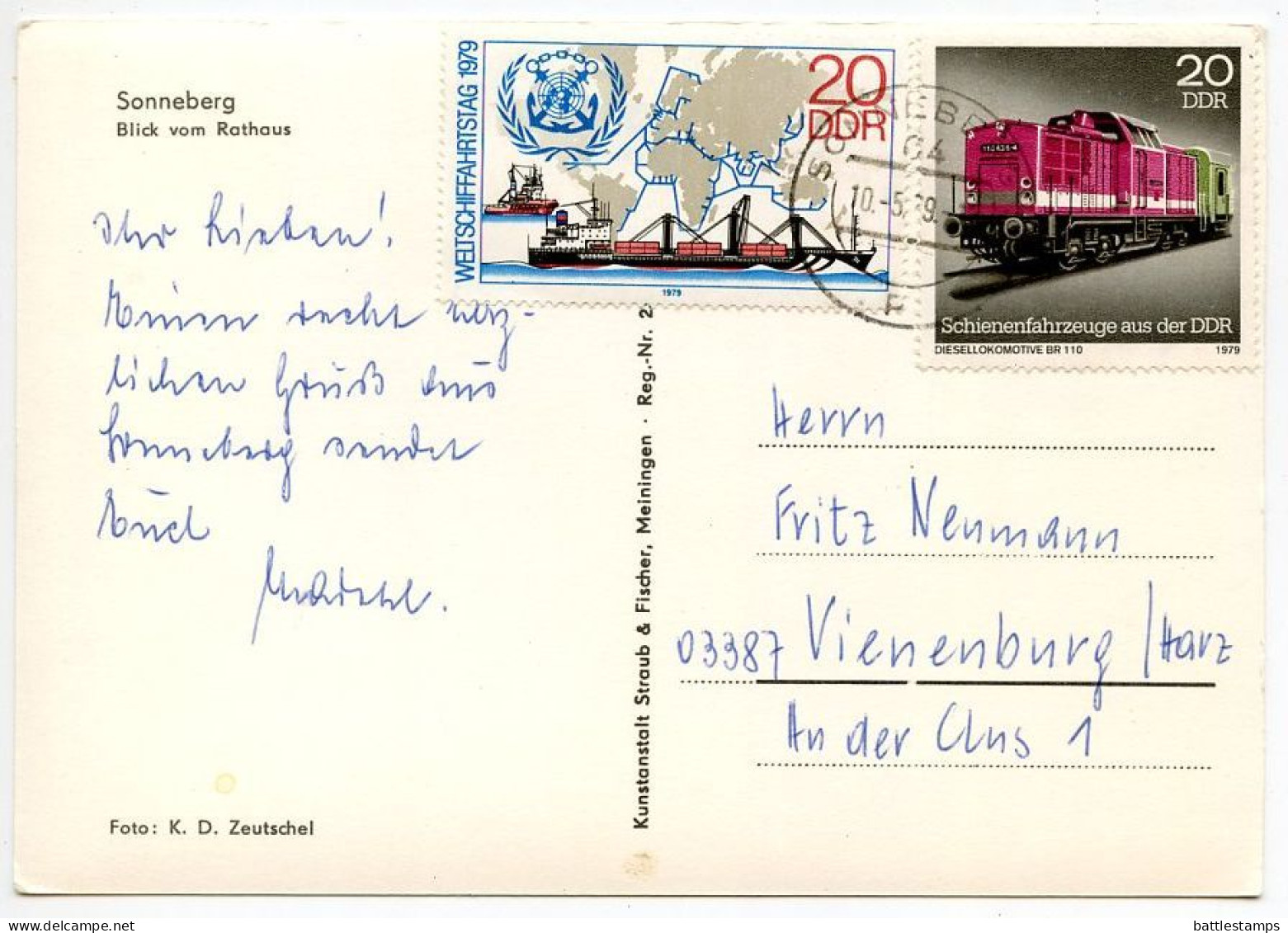 Germany, DDR 1979 RPPC Postcard Sonneberg - Panoramic View; 20pf. Diesel Locomotive & 20pf. World Navigation Day Stamps - Sonneberg