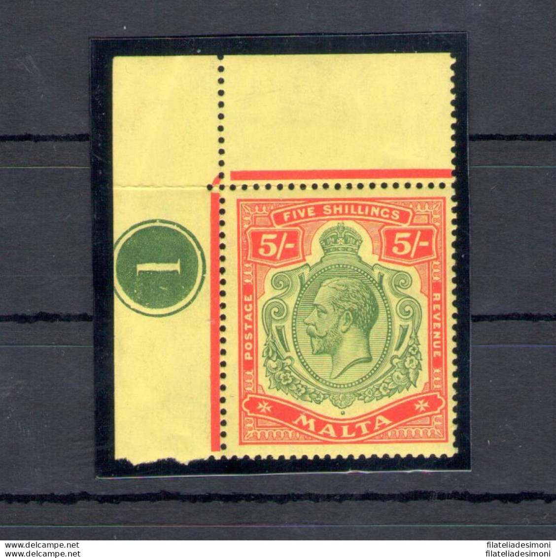 1914-21 MALTA, Stanley Gibbons N. 88, 5 Scellini Green And Red Yellow - MNH** - Other & Unclassified