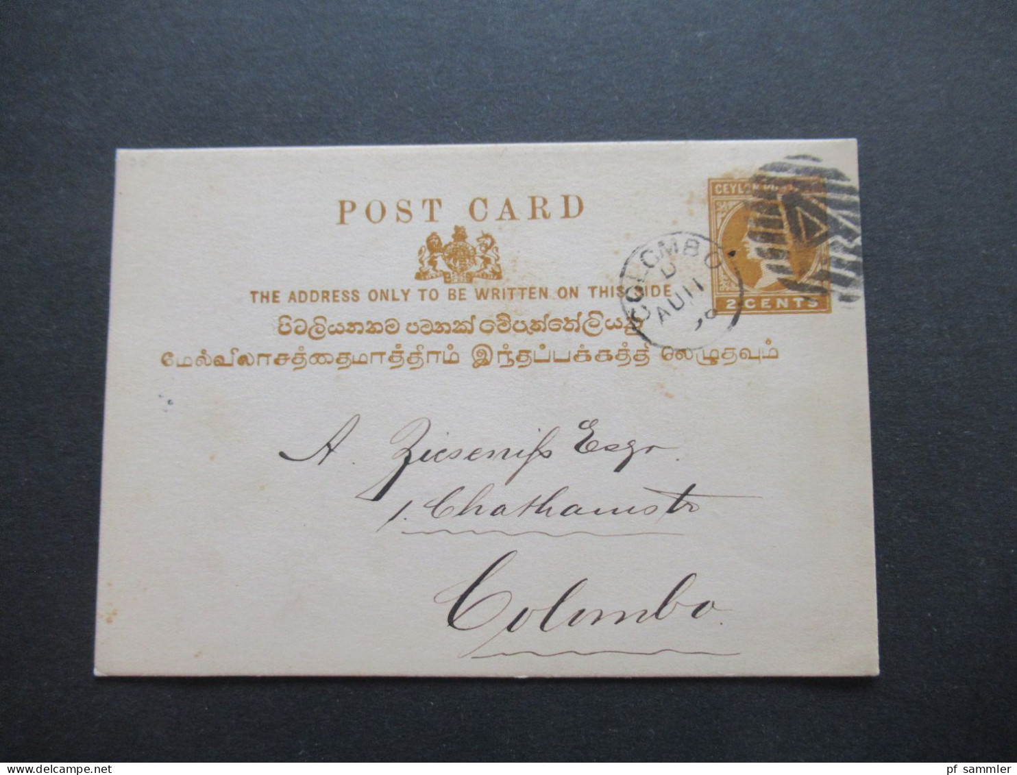 GB Kolonie Ceyon 1896 Ganzsache GA / Post Card Stempel Colombo A Als Orts PK - Ceylan (...-1947)