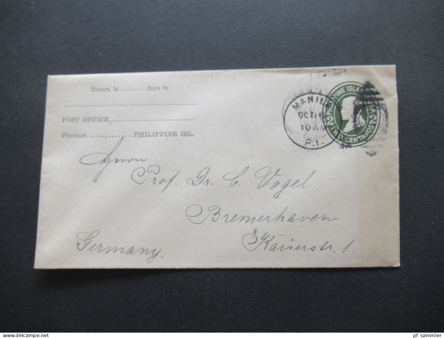 1900 USA Gebiet Philippine Islands GA Umschlag 2 Centavos Stempel Manila P.I. Schiffspost Nach Bremerhaven - Philippinen