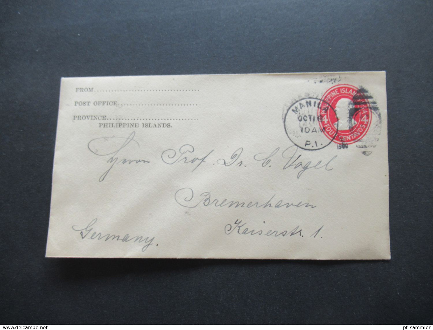 1900 USA Gebiet Philippine Islands GA Umschlag 4 Centavos Stempel Manila P.I. Schiffspost Nach Bremerhaven - Filippijnen