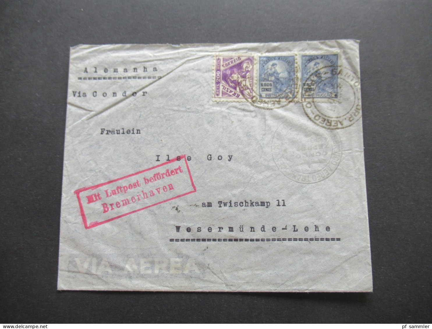 Brasilien 1934 Zeppelin Post Via Condor / Mit Luftpost Befördert Bremerhaven Friedrichshafen Luftschiff Graf Zeppelin - Airmail