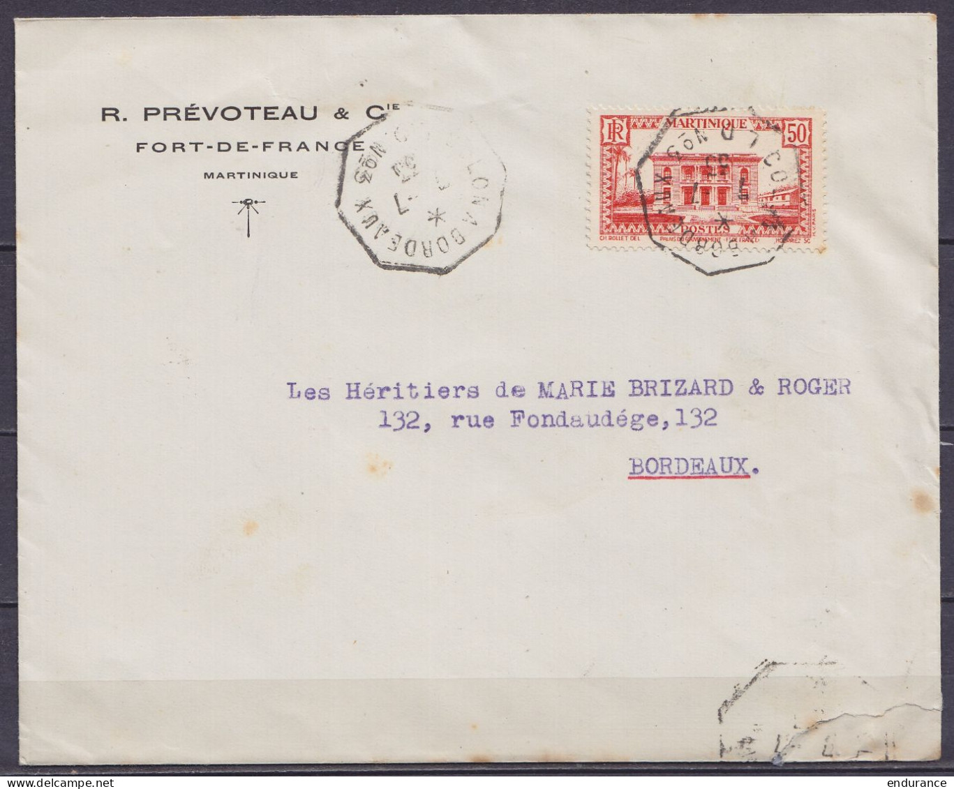 Martinique - Env. "R. Prévoteau & Cie Fort-de-France" Affr. N°144 Càd Ambulant Octogon. "COLON A BORDEAUX /7-7-1933/ LD  - Storia Postale