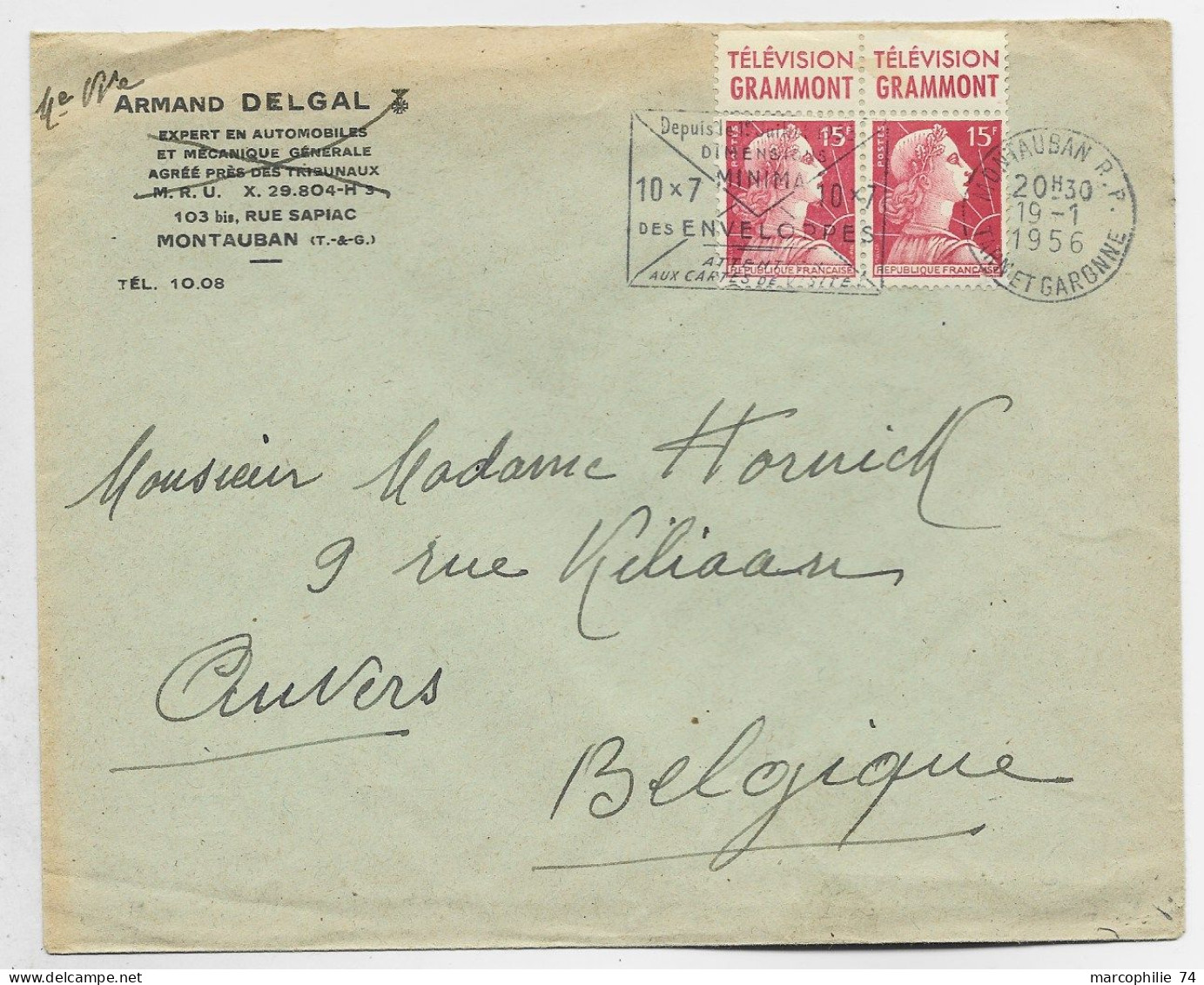 FRANCE MULLER 15FR PAIRE PUB TELEVISION GRAMMONT MONTAUBAN RP 19.1.1956 POUR BELGIQUE AU TARIF - 1955-1961 Marianne Van Muller