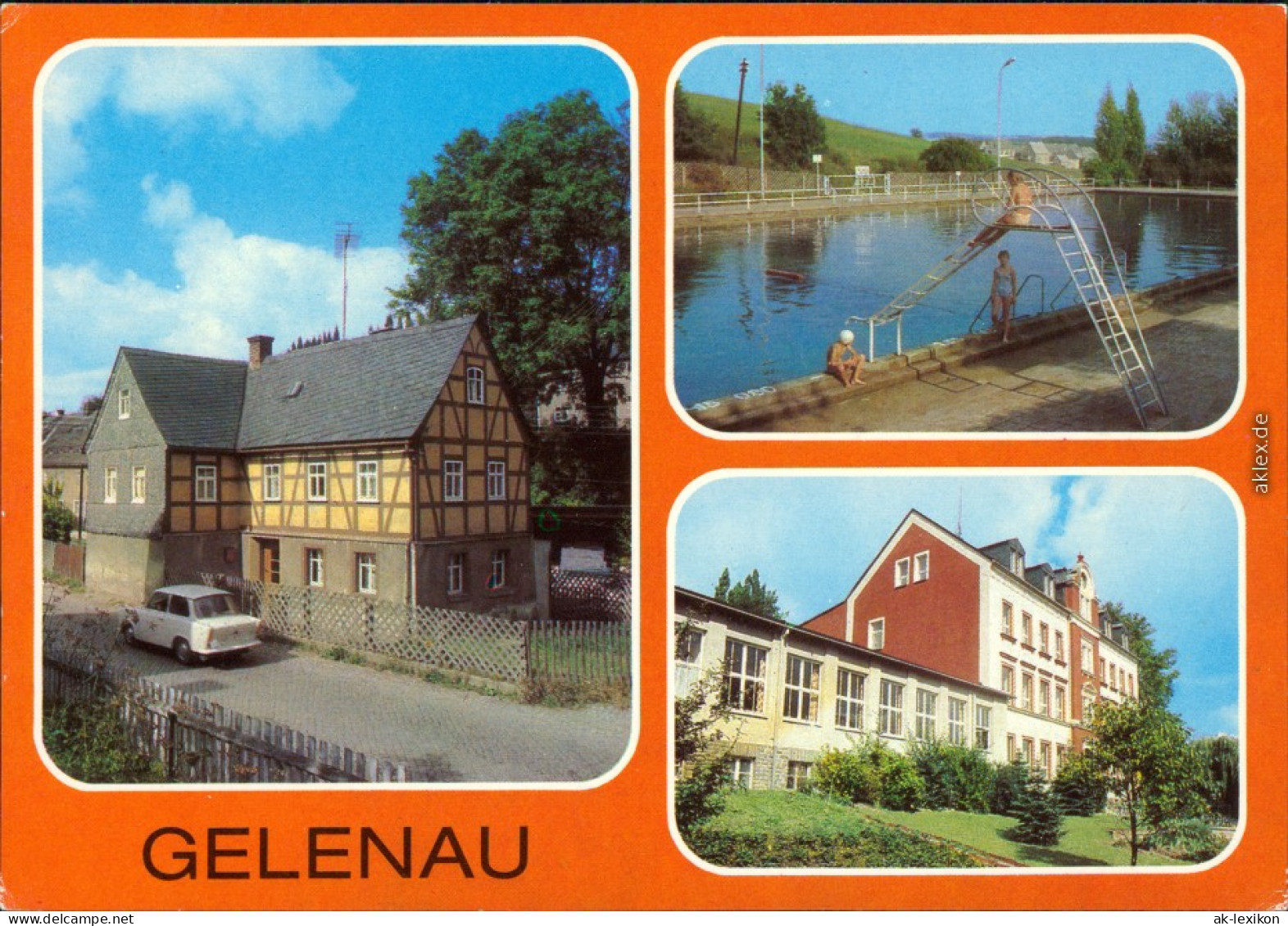 Gelenau (Erzgebirge) Fachwerkhaus, Freibad Rutsche, Pestalozzi-Oberschule 1982 - Gelenau