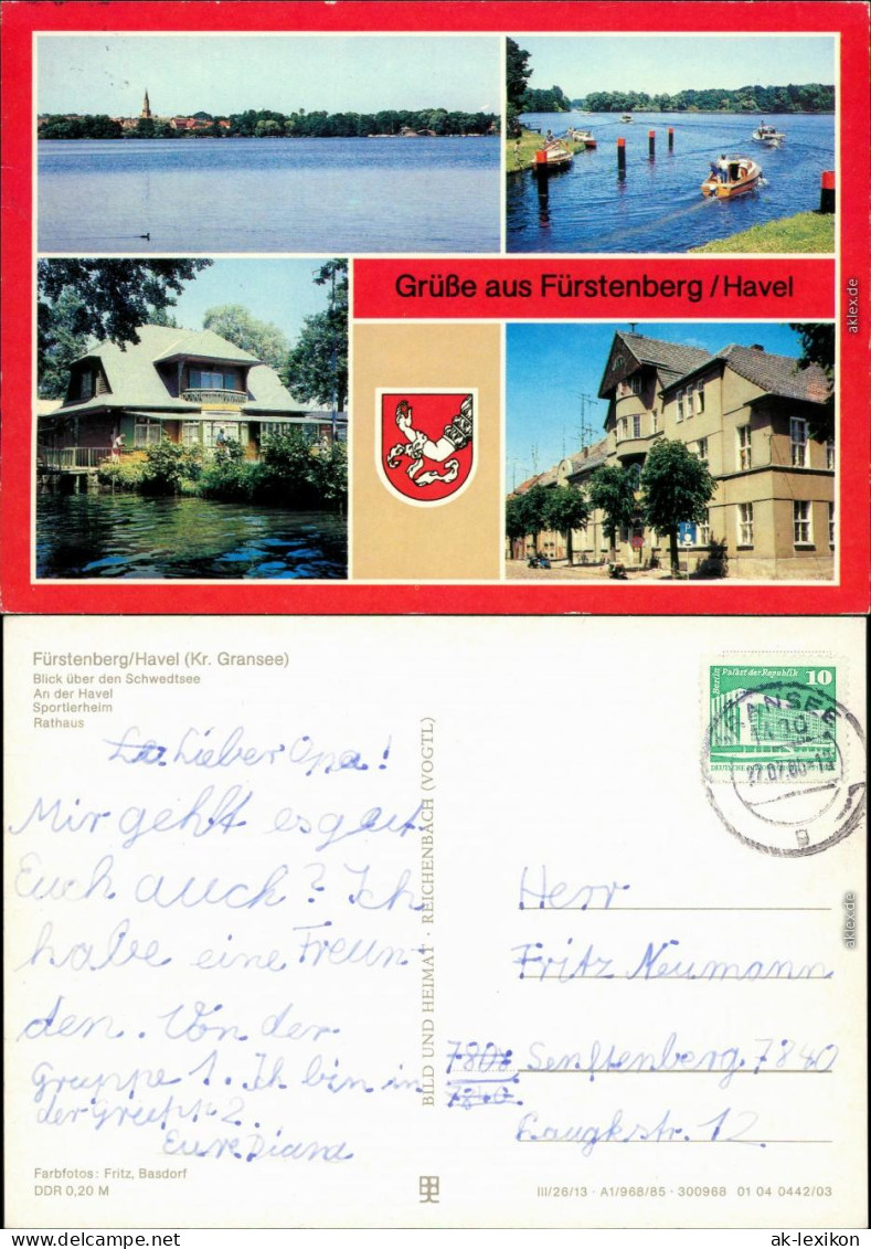 Ansichtskarte Fürstenberg/Havel Schwedtsee, Havel, Sportlerheim, Rathaus 1985 - Fuerstenberg