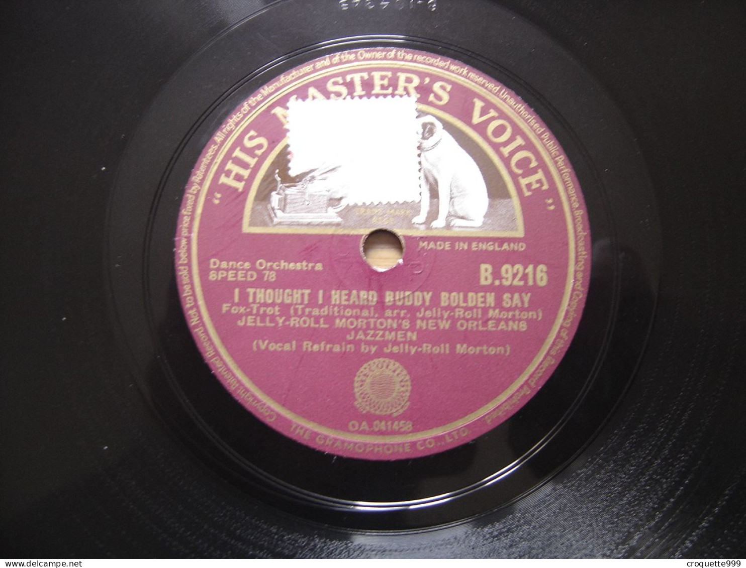 Disque 78 Tours 25 Cm FERD JELLY ROLL MORTON High Society VOIX MAITRE Jazz - 78 Rpm - Gramophone Records