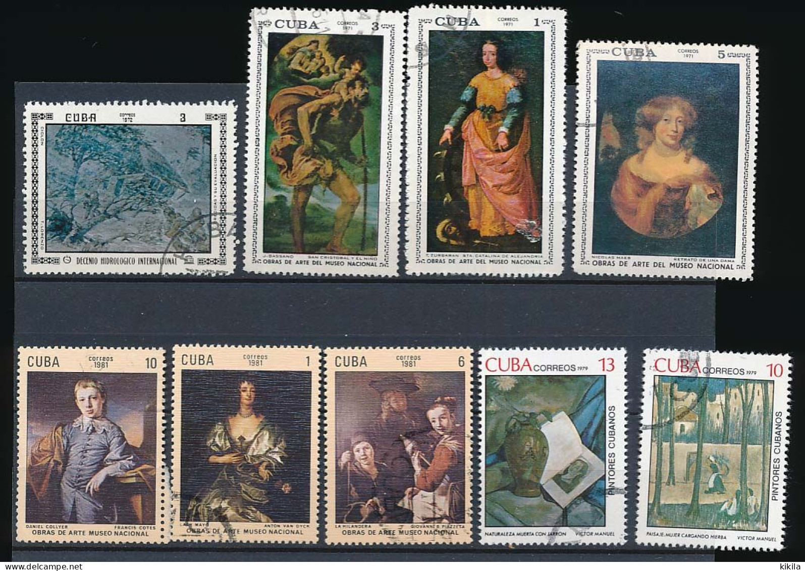 9 Timbres Oblitérés CUBA XVI-13 Peinture Tableau Francis Cotes Anton Van Dyck  Giovanni B. Piazzeta J. Bassano... - Used Stamps
