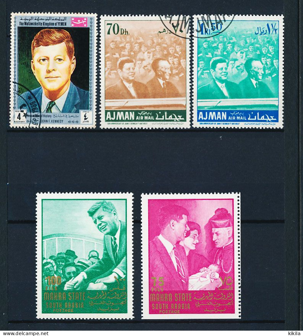 John Fitzgerald KENNEDY 5 Timbres : 3 Oblitérés  AJMAN Et Kingdom Of YEMEN  2 Neufs MAHRA STATE South Arabia; XVI-5 - Kennedy (John F.)