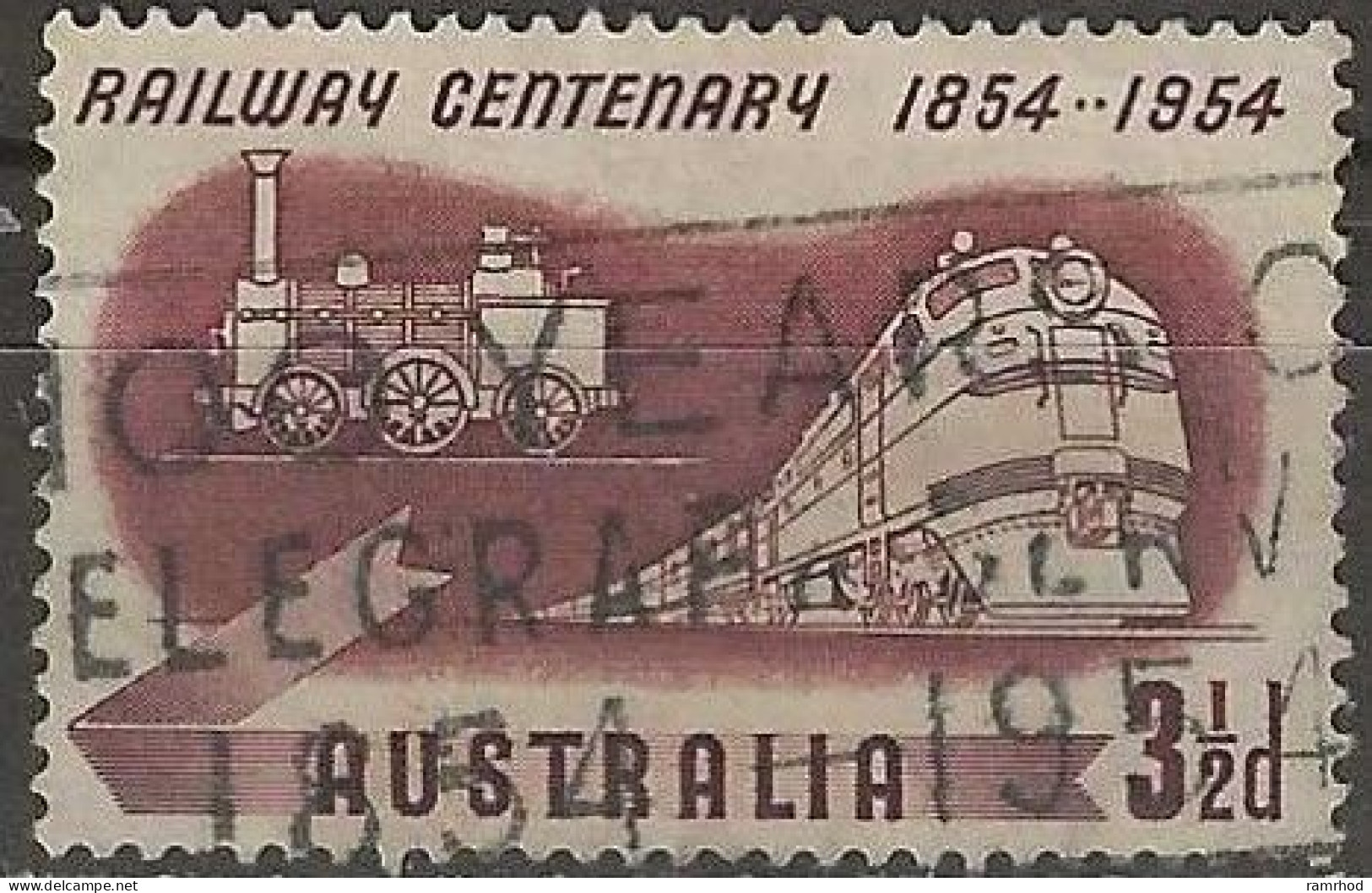 AUSTRALIA 1954 Centenary Of Australian Railways - 31/2d Locomotives Of 1854 And 1954 AVU - Usados