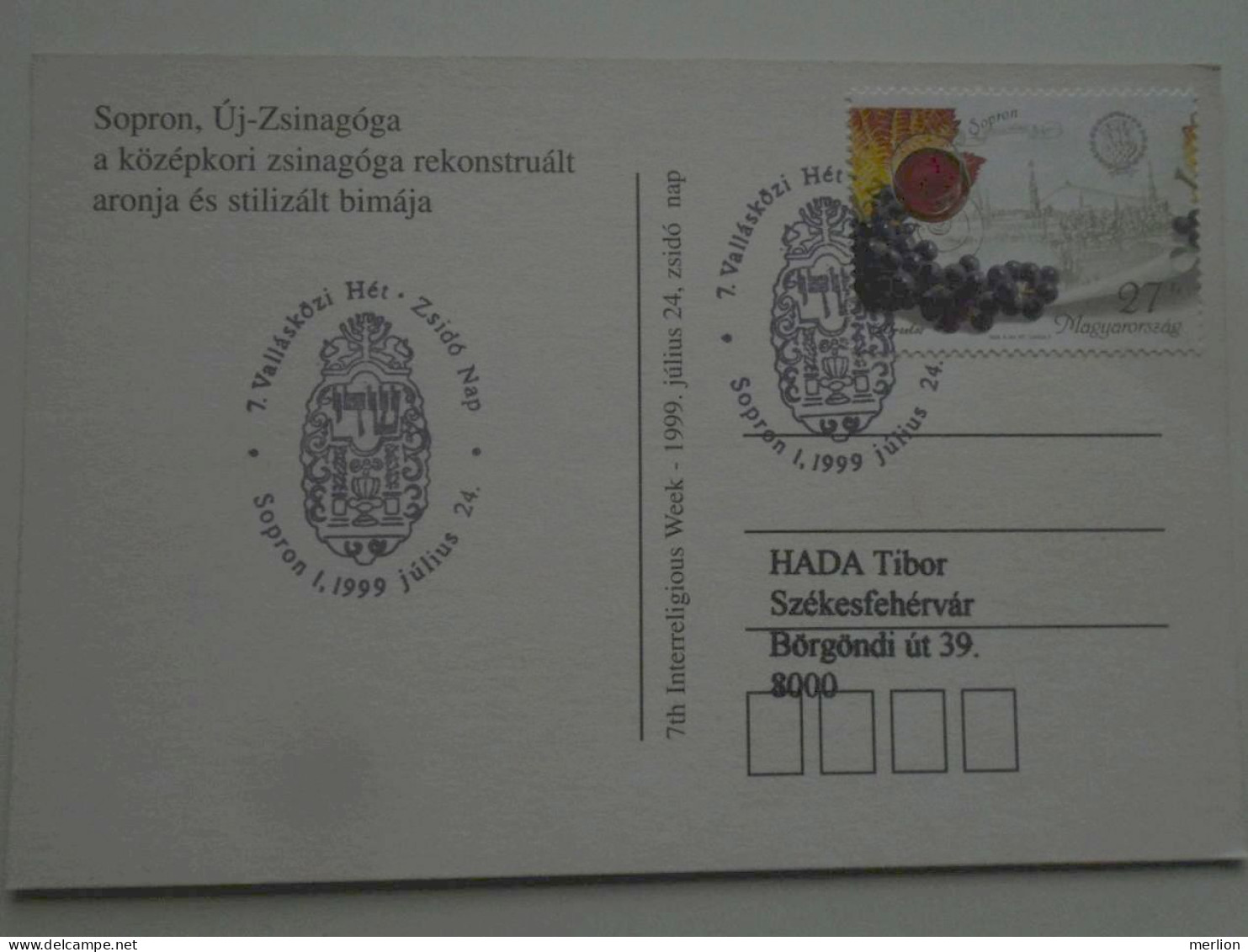 D201088   Hungary  Sopron  - Special Postmark - Interfaith Week Sopron - Jewish  Day    1999 Synagogue - Jewish