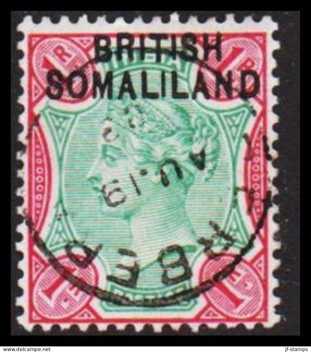 1903. BRITISH SOMALILAND. Overprint On 1 R VICTORIA INDIA POSTAGE. Interesting Cancel. (Michel 10) - JF542549 - Somalilandia (Protectorado ...-1959)