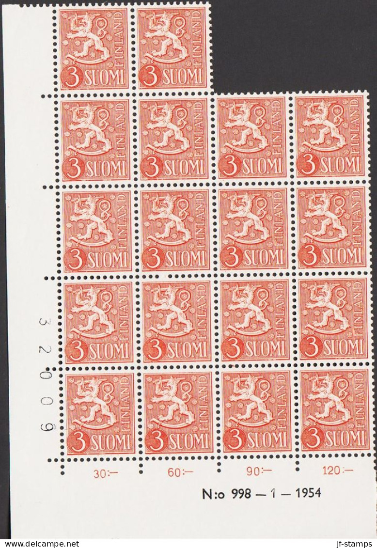 1954. FINLAND. Liontype 3 M. Never Hinged. 18-block With Print Number N:o 998-1-1954 In Margi... (Michel 427) - JF542618 - Nuevos