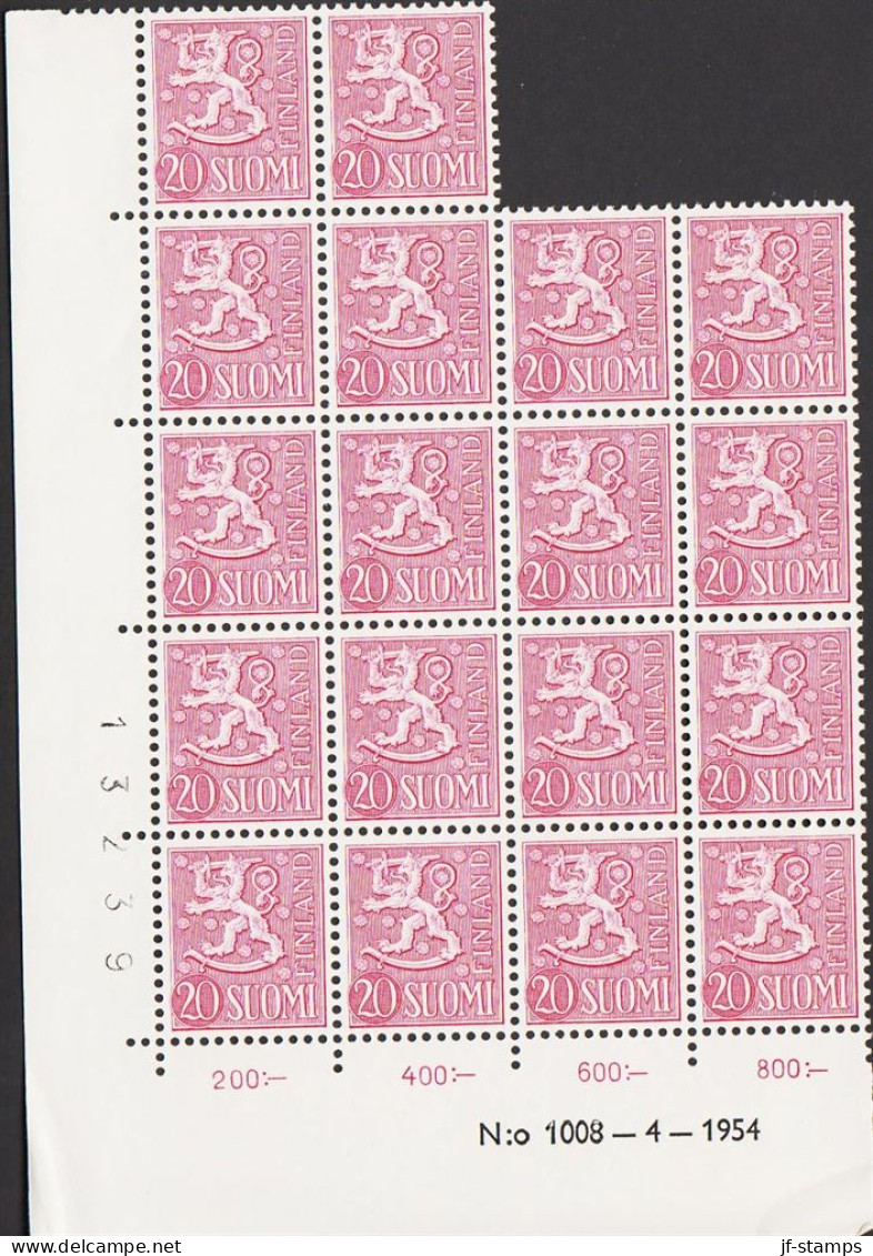1954. FINLAND. Liontype 20 M. Never Hinged. 18-block With Print Number N:o 1008-4-1954 In Mar... (Michel 432) - JF542620 - Unused Stamps