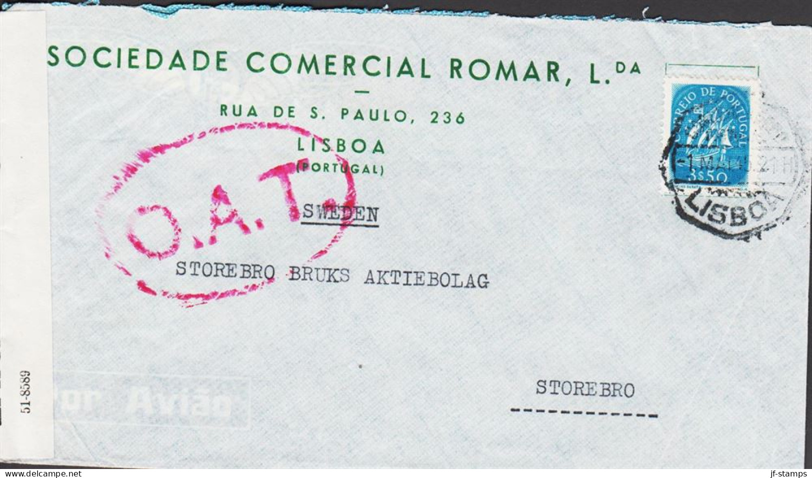 1945. PORTUGAL 3$50 Caravelle On Small Censored OAT-Por Aviao Cover To STOREBRO, Sweden Cance... (Michel 657) - JF542650 - Neufs