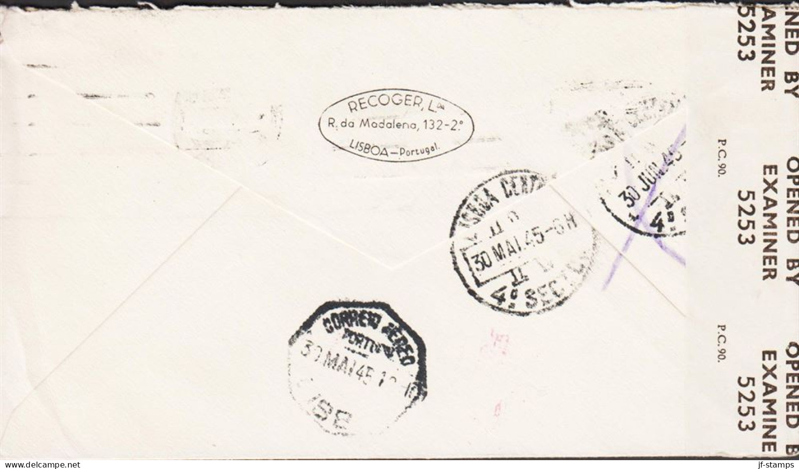 1945. PORTUGAL 3$50 Caravelle On Small Censored OAT-PAR AVION Cover To STOREBRO, Sweden Cance... (Michel 657) - JF542651 - Neufs