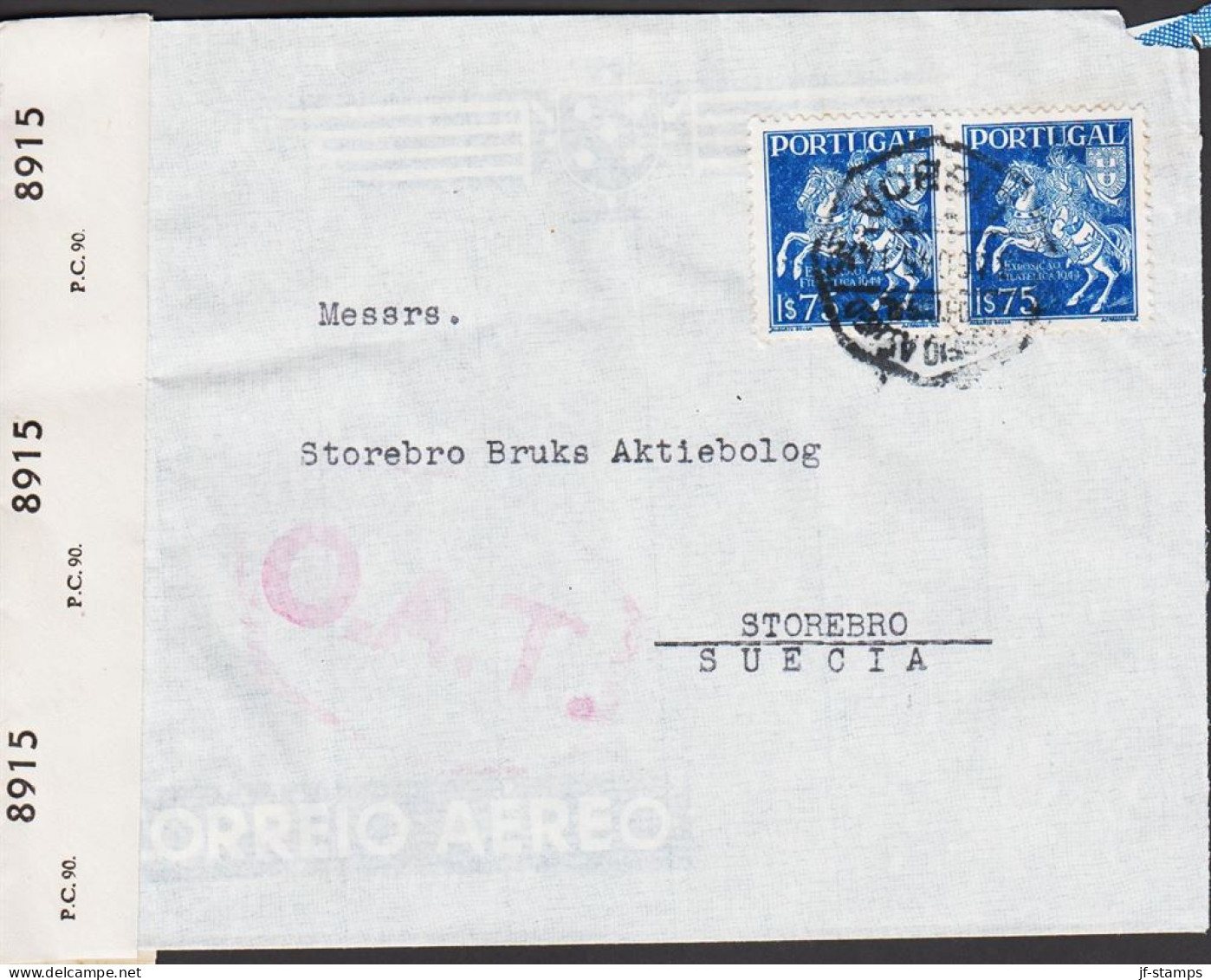 1945. PORTUGAL Pair 1$75 Stampshow In Lisboa On Censored OAT-CORREIO AEREO Cover To STOREBRO,... (Michel 668) - JF542652 - Neufs