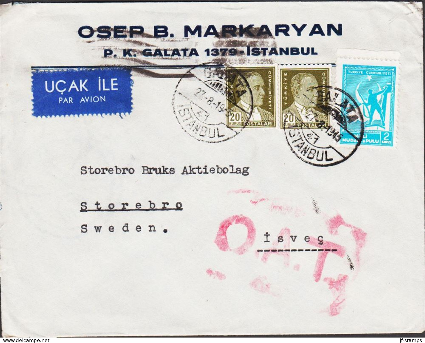 1945. TÜRKIYE. Uncensored Cover Par Avion OAT To Storebro, Sweden With 2 Ex 20 Krs Atat... (Michel 958+ C 62) - JF542656 - Nuovi