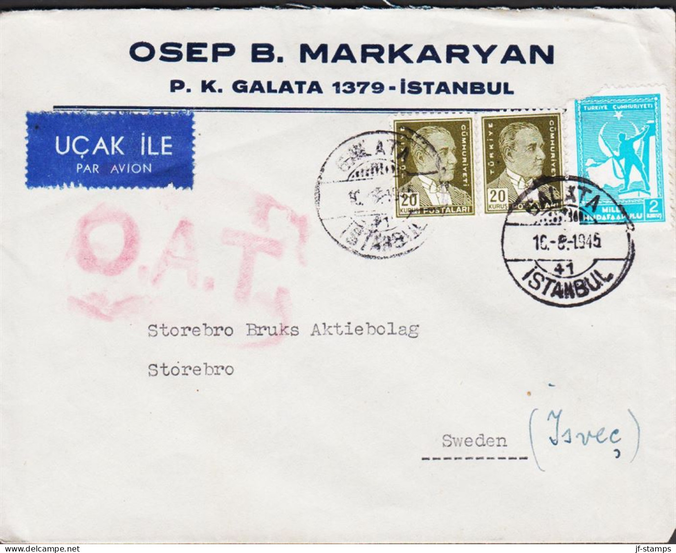 1945. TÜRKIYE. Uncensored Cover Par Avion OAT To Storebro, Sweden With 2 Ex 20 Krs Atat... (Michel 958+ C 62) - JF542657 - Neufs